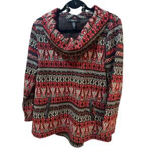 Style & Company Women’s Cowl Neck Tunic Top | Red Black Khaki Print | Size Large